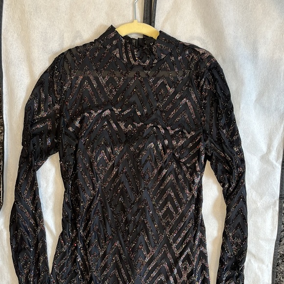 Black Bodycon Mock Neck Sequioin Long Sleeve Mini Short Dress - Picture 5 of 12